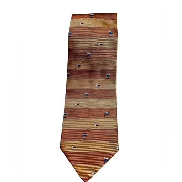 Salvatore Ferragamo Men’s Silk Tie Golf Tee and Golf Ball Gold Striped Necktie - Picture 1 of 4